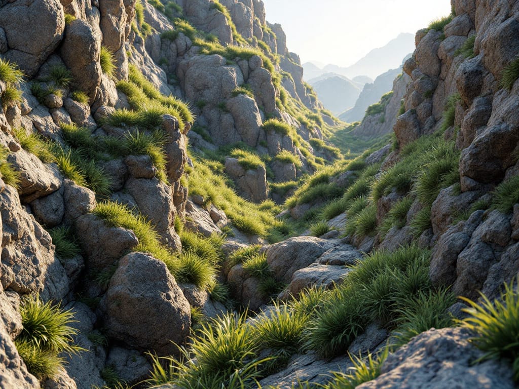 Create a Realistic Forest in 30 Minutes Rocky canyon with green grass growing between the stones, lit by sunlight, and mountains visible in the hazy background—perfect inspiration to Create a Realistic Forest in 30 Minutes.