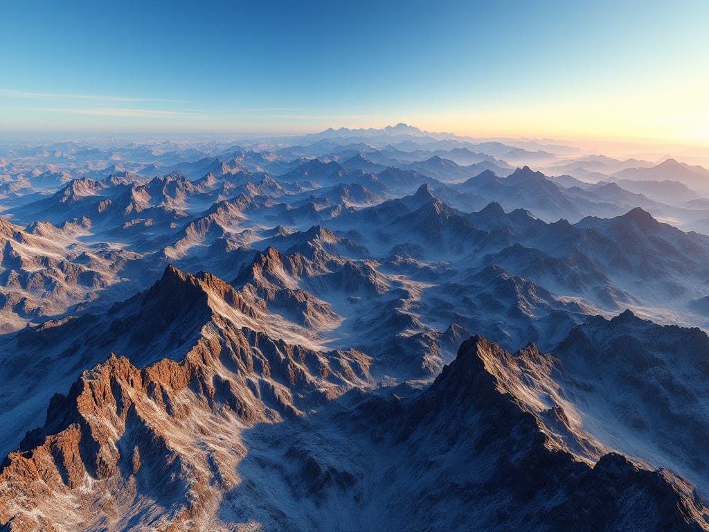 Create a Realistic Forest in 30 Minutes Aerial view of a vast, rugged mountain range with sharp peaks and valleys, partially covered in snow—perfect inspiration to create a realistic forest in 30 minutes—under a clear sky at sunrise or sunset.