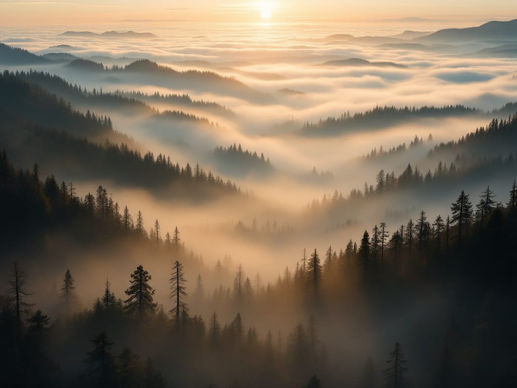 Create a Realistic Forest in 30 Minutes Sunrise over a forested mountain valley with layers of fog and sunlight streaming through the trees—perfect inspiration to Create a Realistic Forest in 30 Minutes.