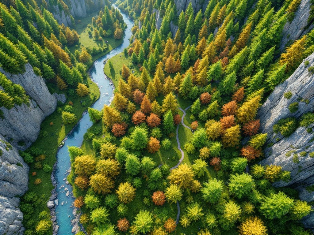 Create a Realistic Forest in 30 Minutes - A winding river flows through a densely forested valley with green and orange trees, surrounded by steep rocky cliffs, viewed from above—perfect inspiration to Create a Realistic Forest in 30 Minutes.