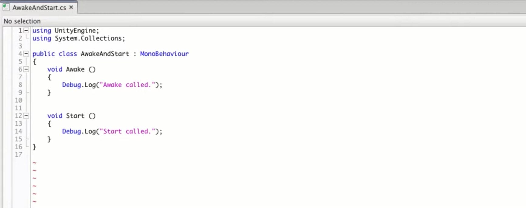 Screenshot of a Unity C# script showing a with Awake and Start methods, each logging a message to the console.