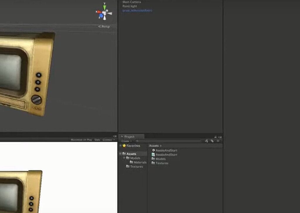 Awake and Start in Unity A 3D model of a vintage television is displayed in a game development interface, with the model shown against gray and white backgrounds—ideal for following along with Unity Official Tutorials on Awake and Start functions.