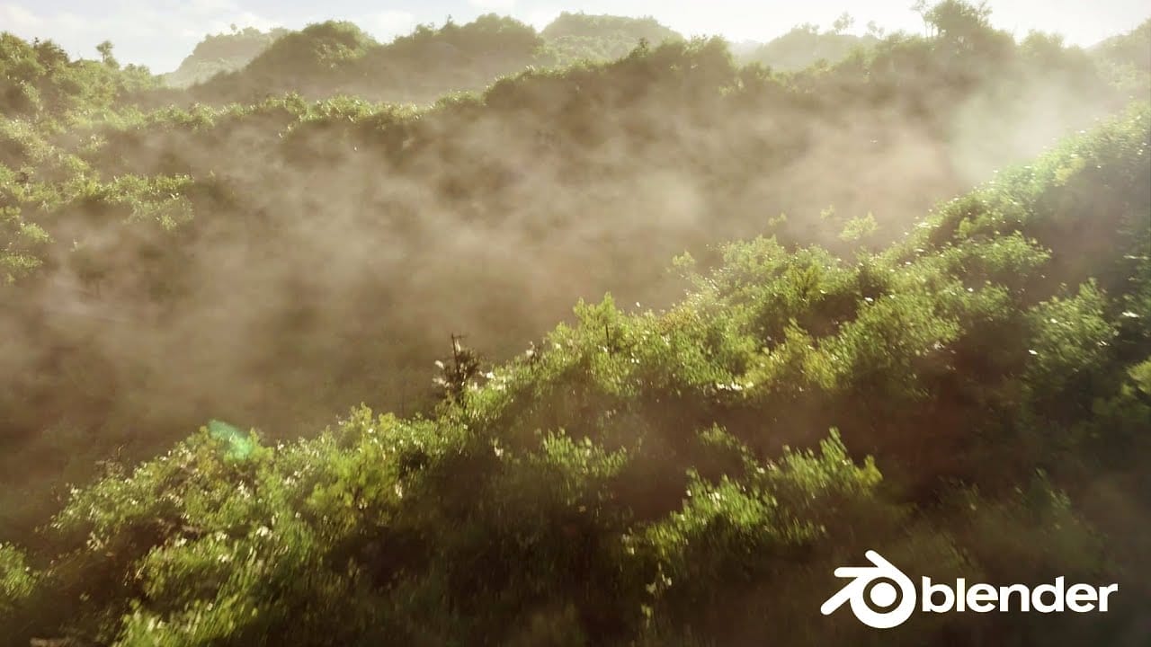Create a Realistic Forest in 30 Minutes A lush, realistic forest with mist rising among the trees, viewed from above, showcases Blender 2.8’s capabilities, with the Blender logo in the bottom right corner.