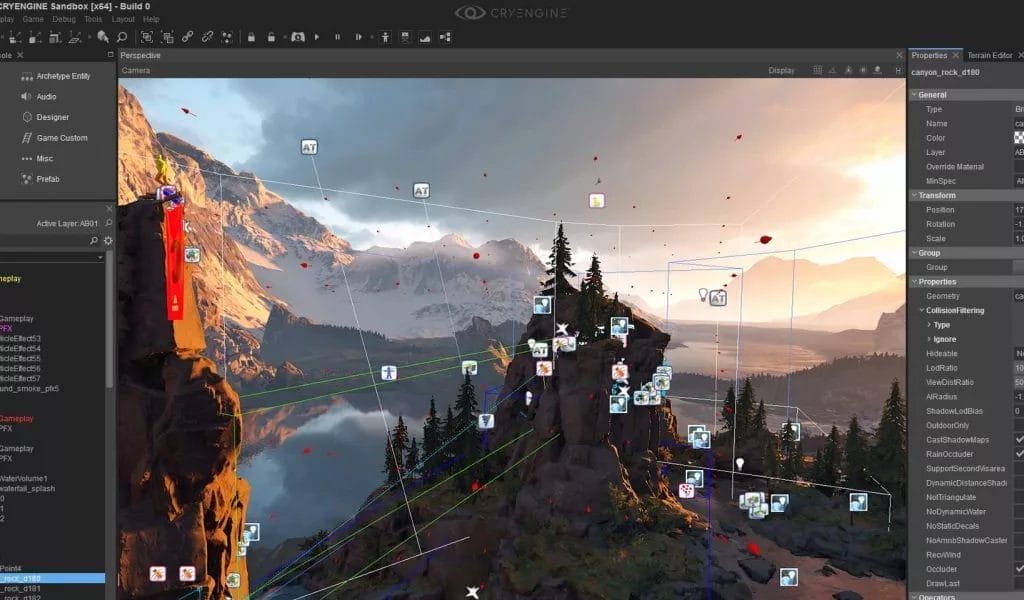A computer screen displaying a mountain scene, showcasing game engine capabilities.
