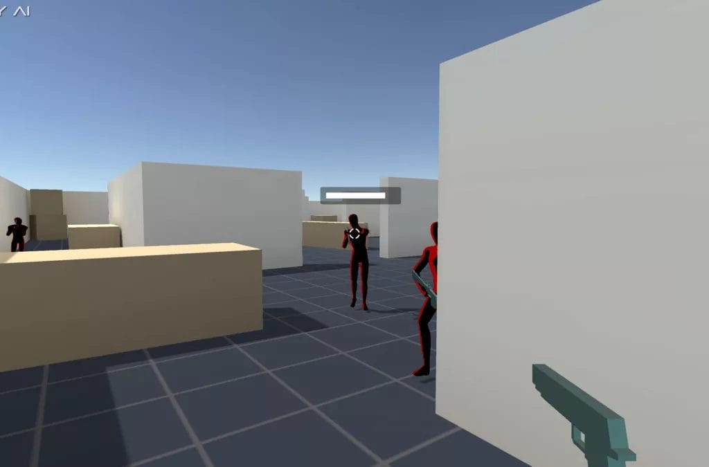 A 3d image of a room with two people in it featuring Finite State Machines in Unity.