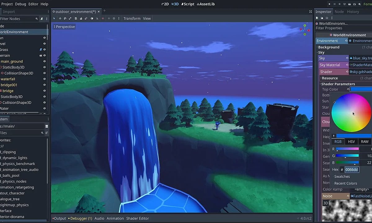 A screenshot of a computer screen showing a waterfall utilizing the Godot Engine for professional game development.