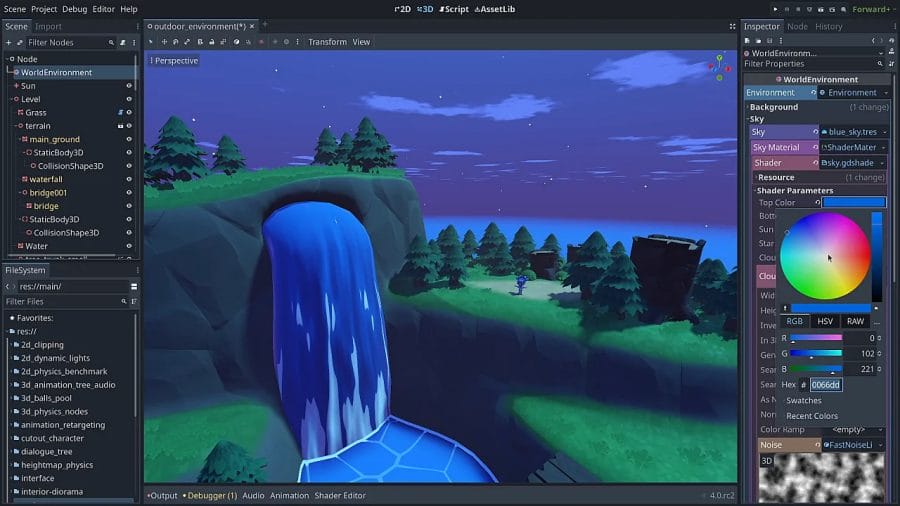 A screenshot of a computer screen showing a waterfall utilizing the Godot Engine for professional game development.