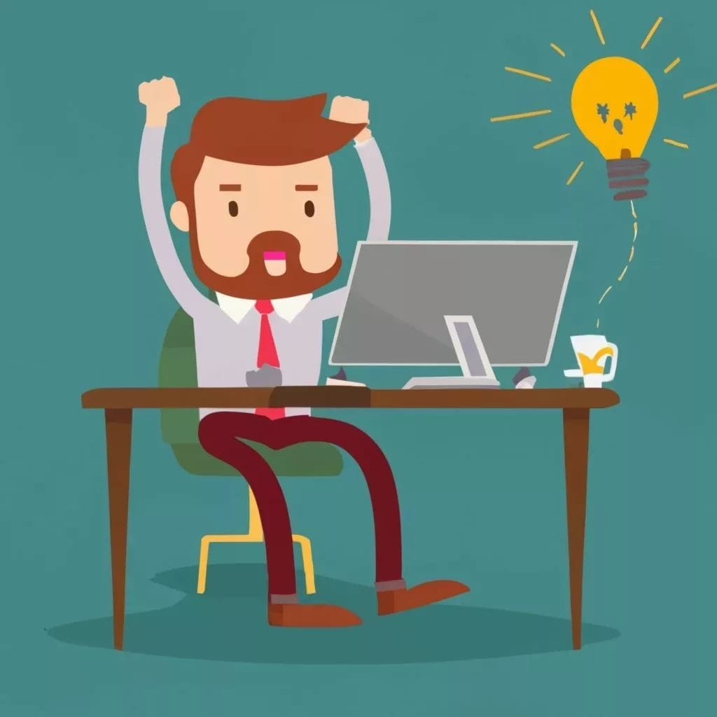 How to stay motivated as an indie game developer - Motivation in a complex market and industry - A businessman sitting at his desk with a light bulb in his hand, offering motivation and guidance for indie game developers.