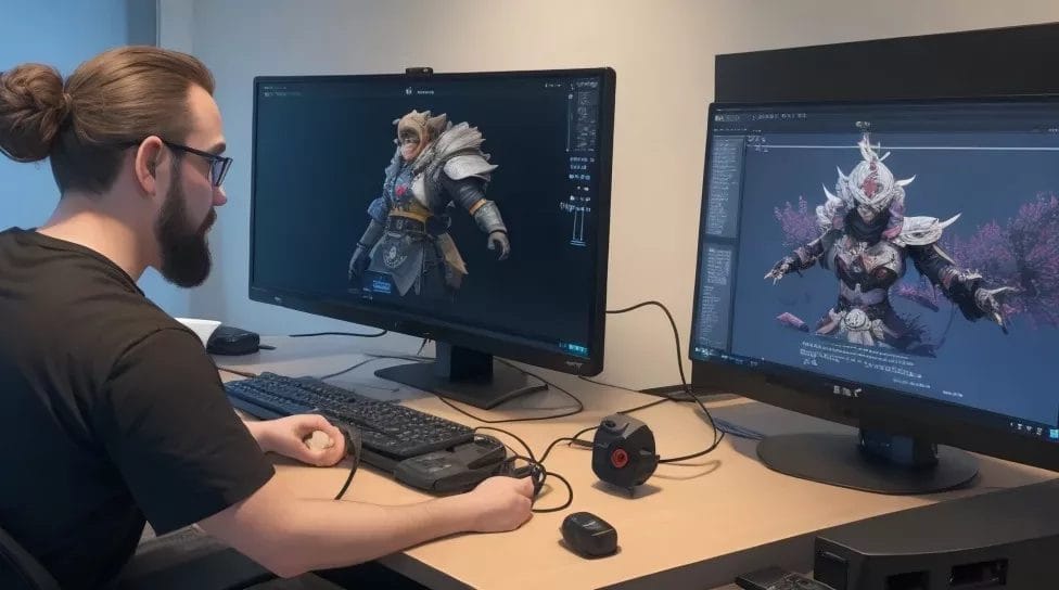 How to Get Into Game Development - A man immersed in game development, seated at a desk with dual monitors.
