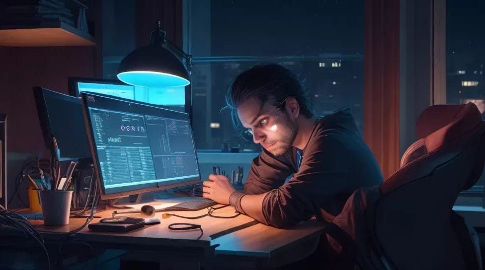 A man learning game development by sitting in front of a computer at night.