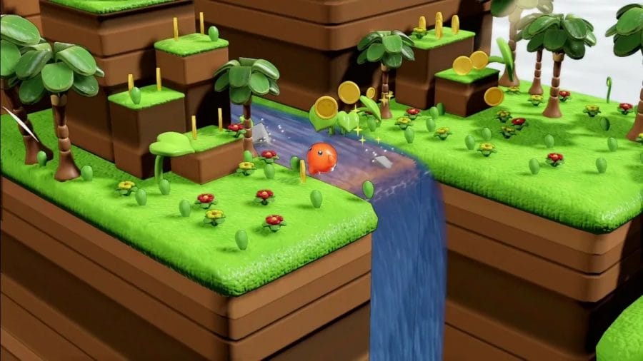 A 3D island model with trees and a waterfall.