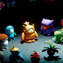 Master the Art of Game Design -A group of toy figurines in a dark room, unleashing their creativity for game design mastery.