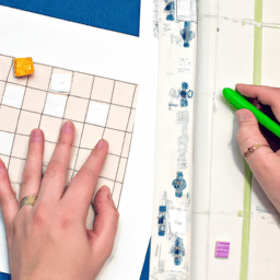 E an image of a designer's hands meticulously sketching a game board on graph paper, surrounded by colorful game pieces, rulers, and dice, capturing the essence of crafting a functional prototype for game testing