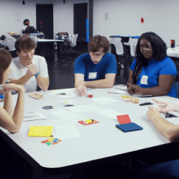 An image capturing the essence of playtesting: a diverse group of enthusiastic gamers huddled around a table, engaging with a prototype board game, exchanging animated expressions, and scribbling notes on scorecards, while the designer observes intently