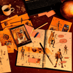 Master the Art of Game Design - An image showcasing a game designer's workspace, filled with sketches, concept art, and discarded ideas