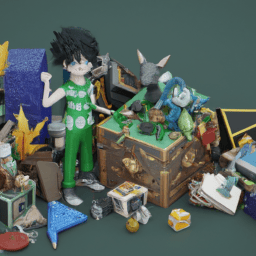 Master the Art of Game Design - - A 3D model of a boy standing next to a box of items, designed to unleash your creativity and master the art of game design.