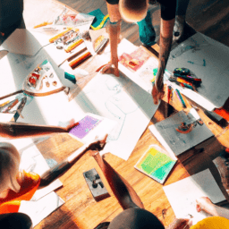 An image showcasing a vibrant palette of colors, depicting a diverse group of individuals brainstorming in a sunlit room