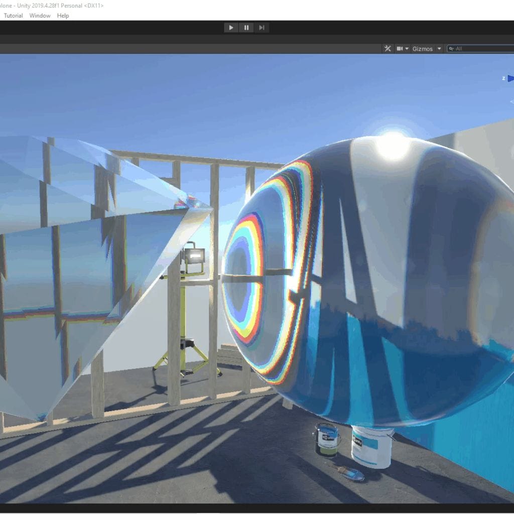 Screen Space Refraction Tutorial - A computer screen showing a 3D image of a building with Screen Space Refraction for Glass and Water.