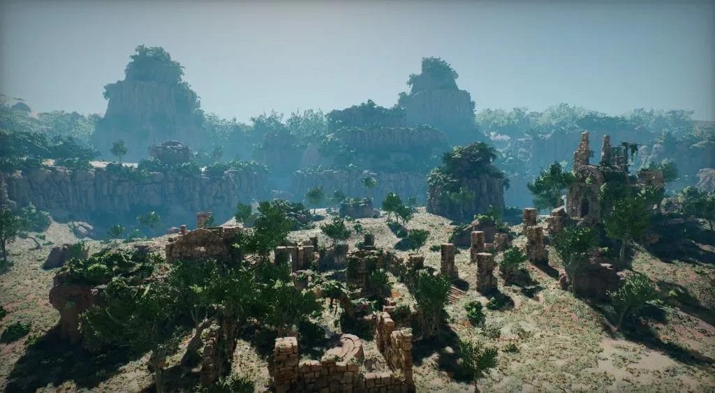 Best 3D Game Engines for C# Developers - Flax Game Engine - A screenshot of a rocky landscape in Minecraft, showcasing the capabilities of 3D game engines.