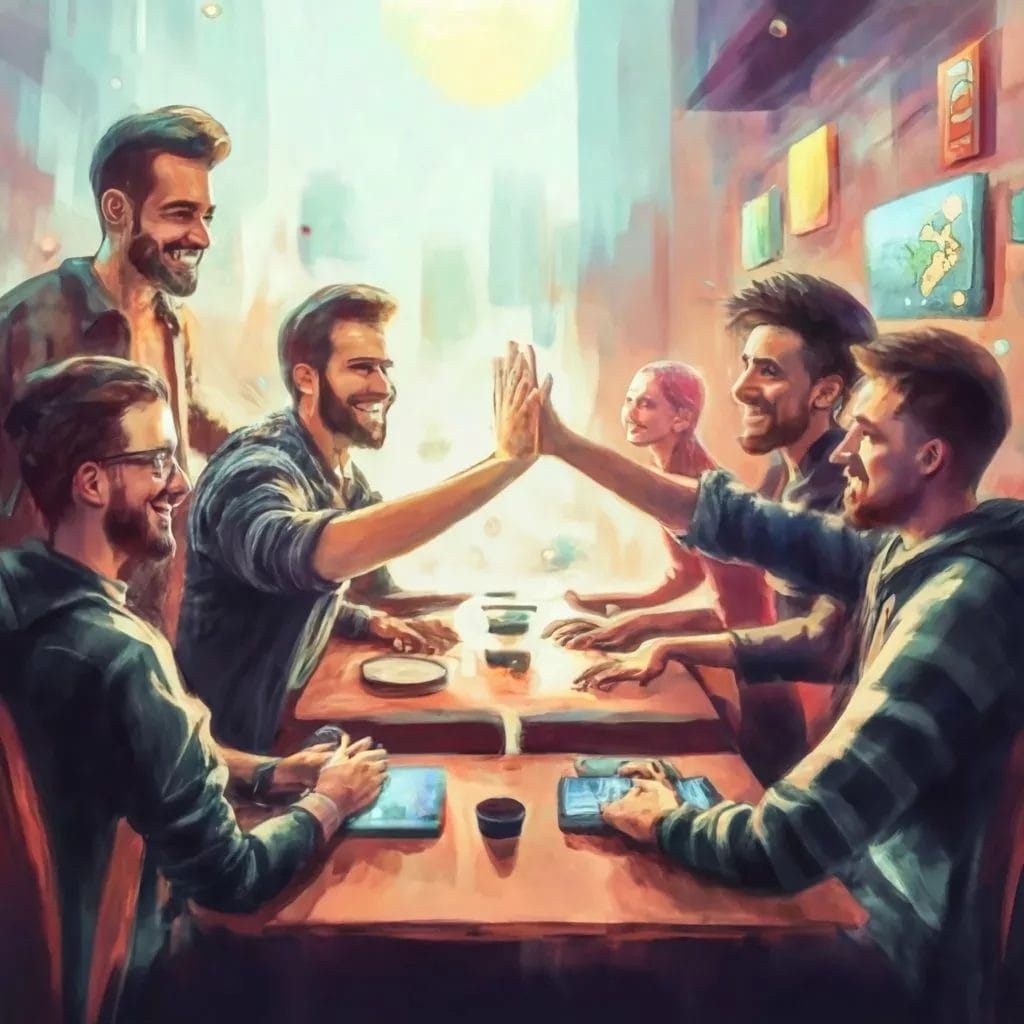 A group of friends giving each other high fives in a restaurant while discussing their plans to successfully start an indie game studio.