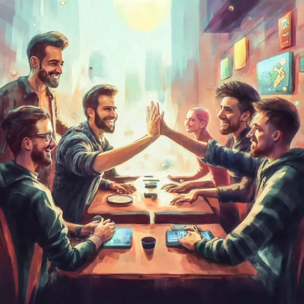 A group of friends giving each other high fives in a restaurant while discussing their plans to successfully start an indie game studio.
