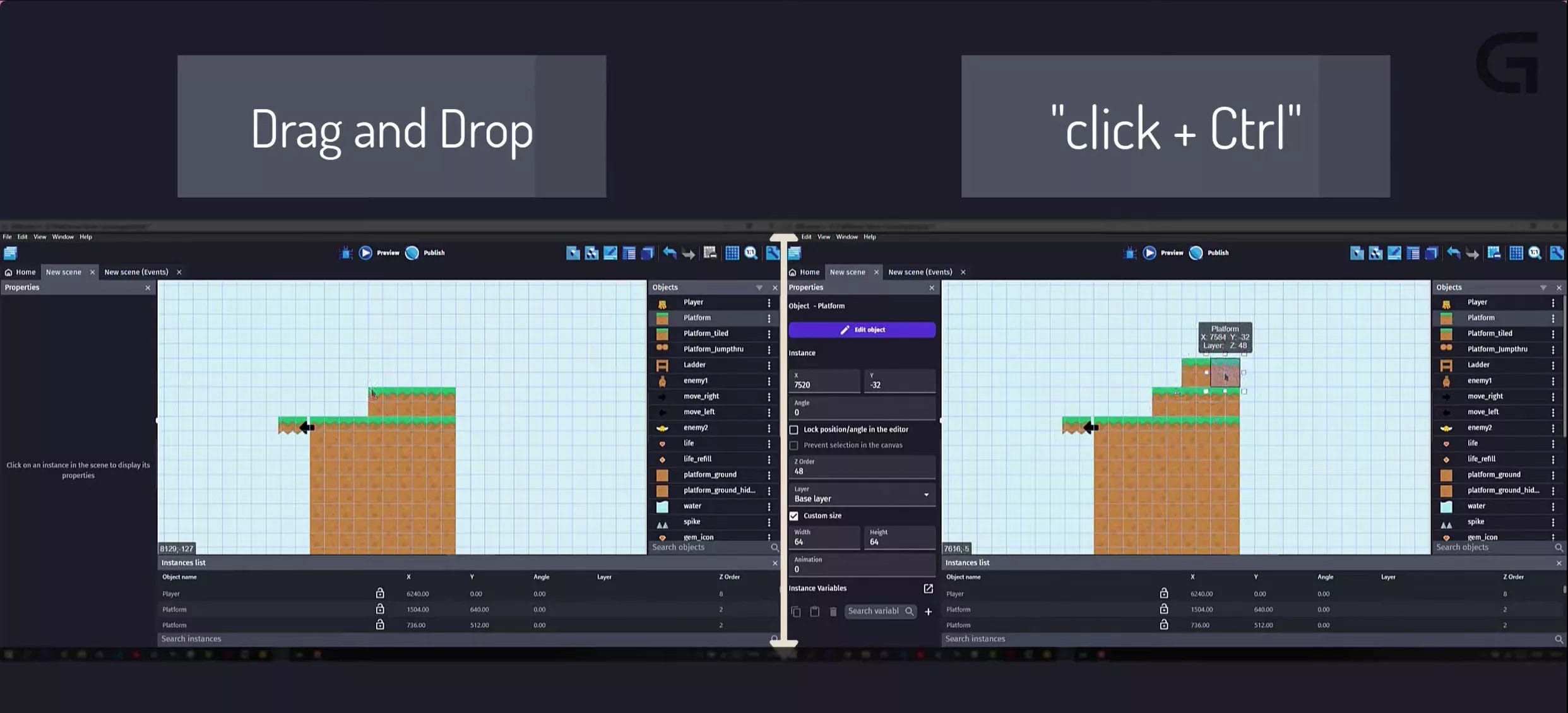 A beginner-friendly screenshot of a computer screen showing the GDevelop game screen.