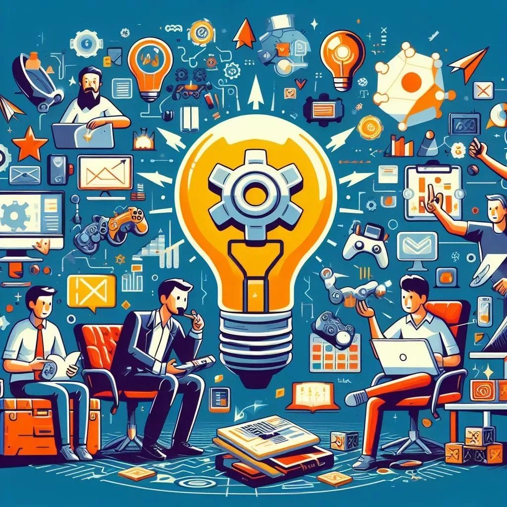 A group of indie game developers working around a light bulb.