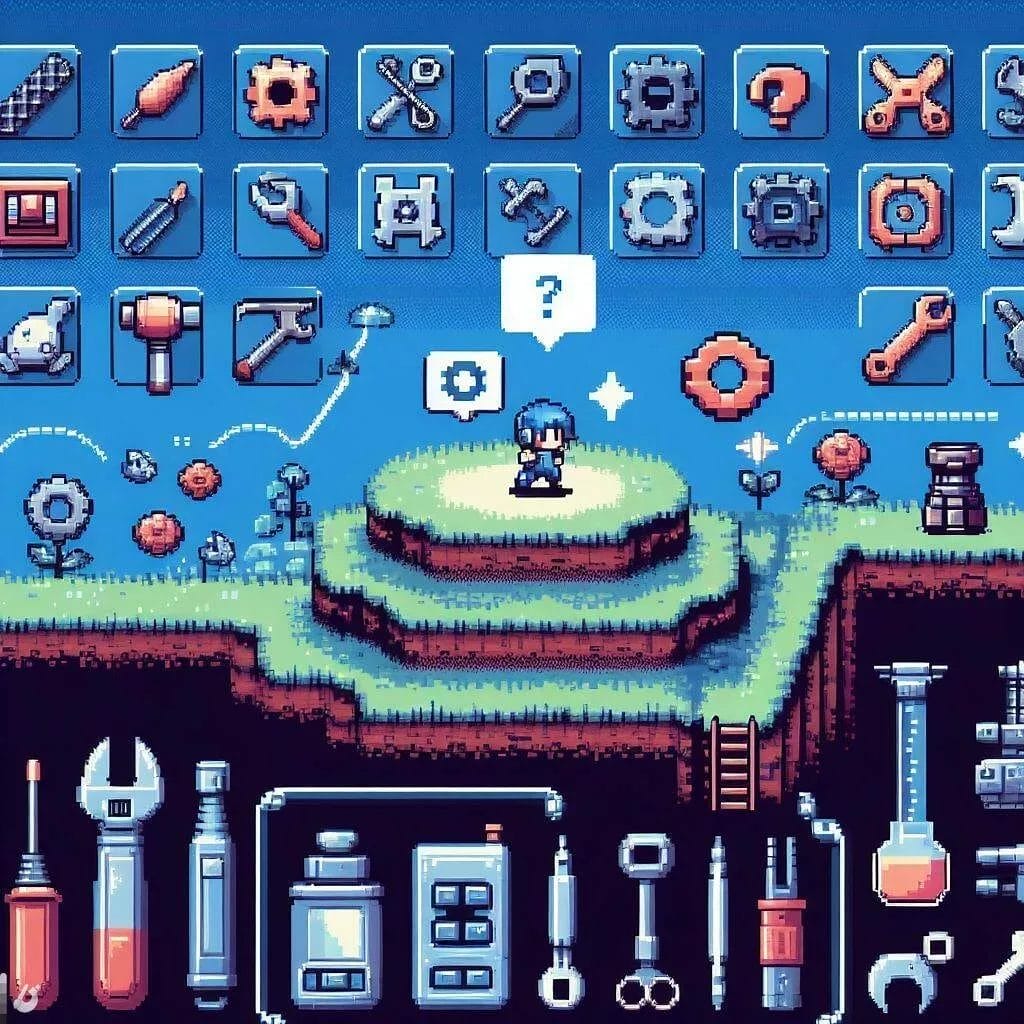 How to Complete Your Indie Game Project -- Choosing the Right Game Engine and Tools for Your Project -- A screenshot of a pixel game featuring a heroic character wielding numerous tools.
