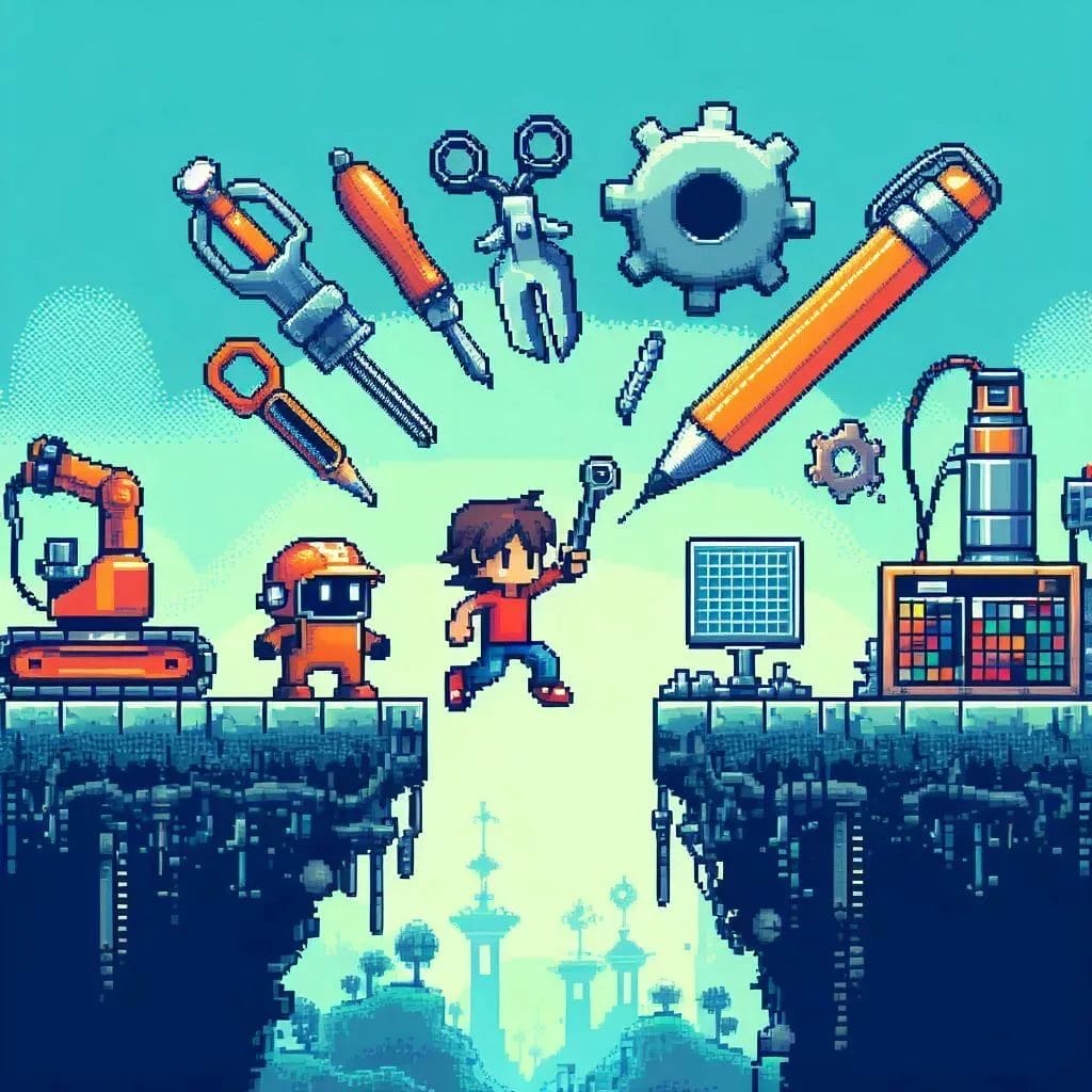 How to Complete Your Indie Game Project -- Creating a Compelling Storyline and Characters for Your Game -- A pixel art illustration of a boy hero with tools for an Indie Game Project.