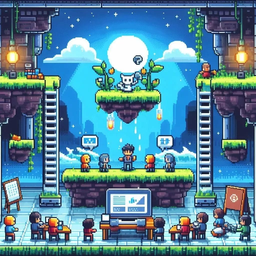 How to Complete Your Indie Game Project -- Overcoming Common Challenges and Obstacles in Indie Game Development -- A pixel art image of a classroom with people in it, created for an indie game project.