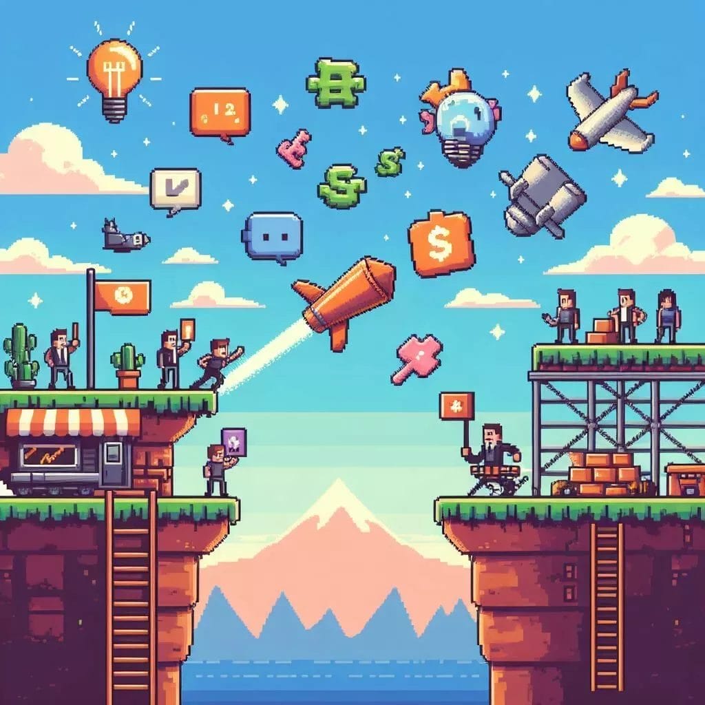 How to Complete Your Indie Game Project -- Navigating the Legal and Financial Aspects of Indie Game Development -- A pixel art illustration of a group of people on a cliff, embodying the spirit of heroism in an indie game context.