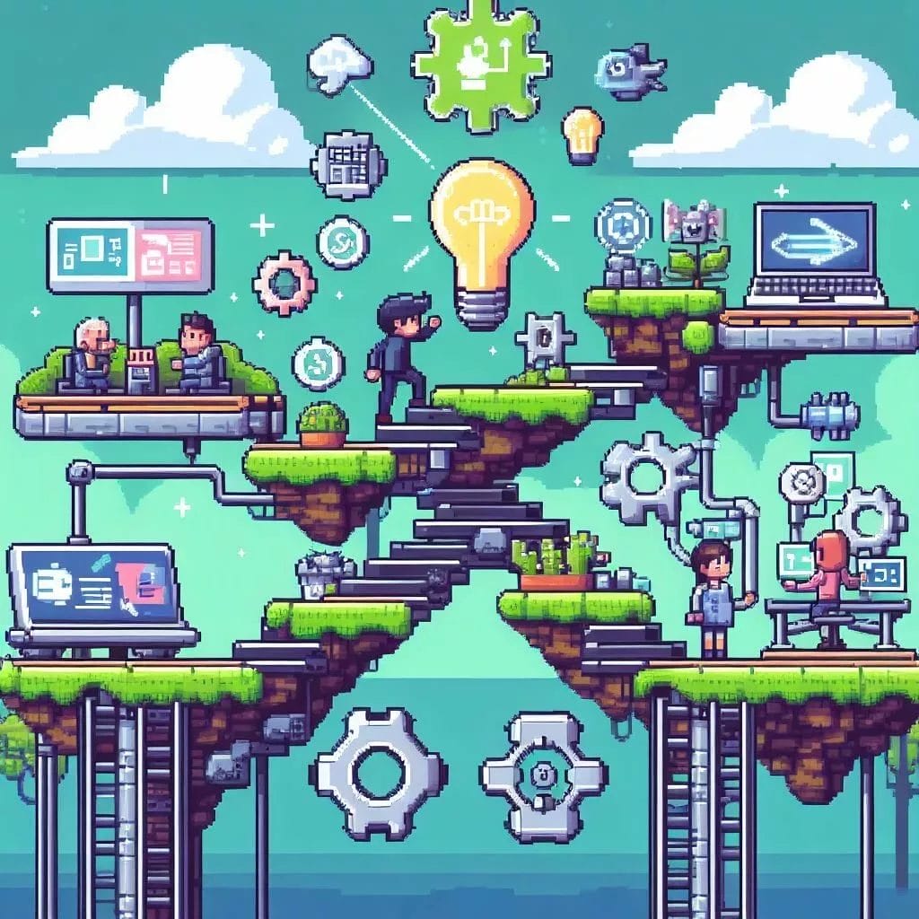 How to Complete Your Indie Game Project -- Launching and Promoting Your Indie Game for Maximum Impact and Success -- A pixel art illustration of a city with gadgets.