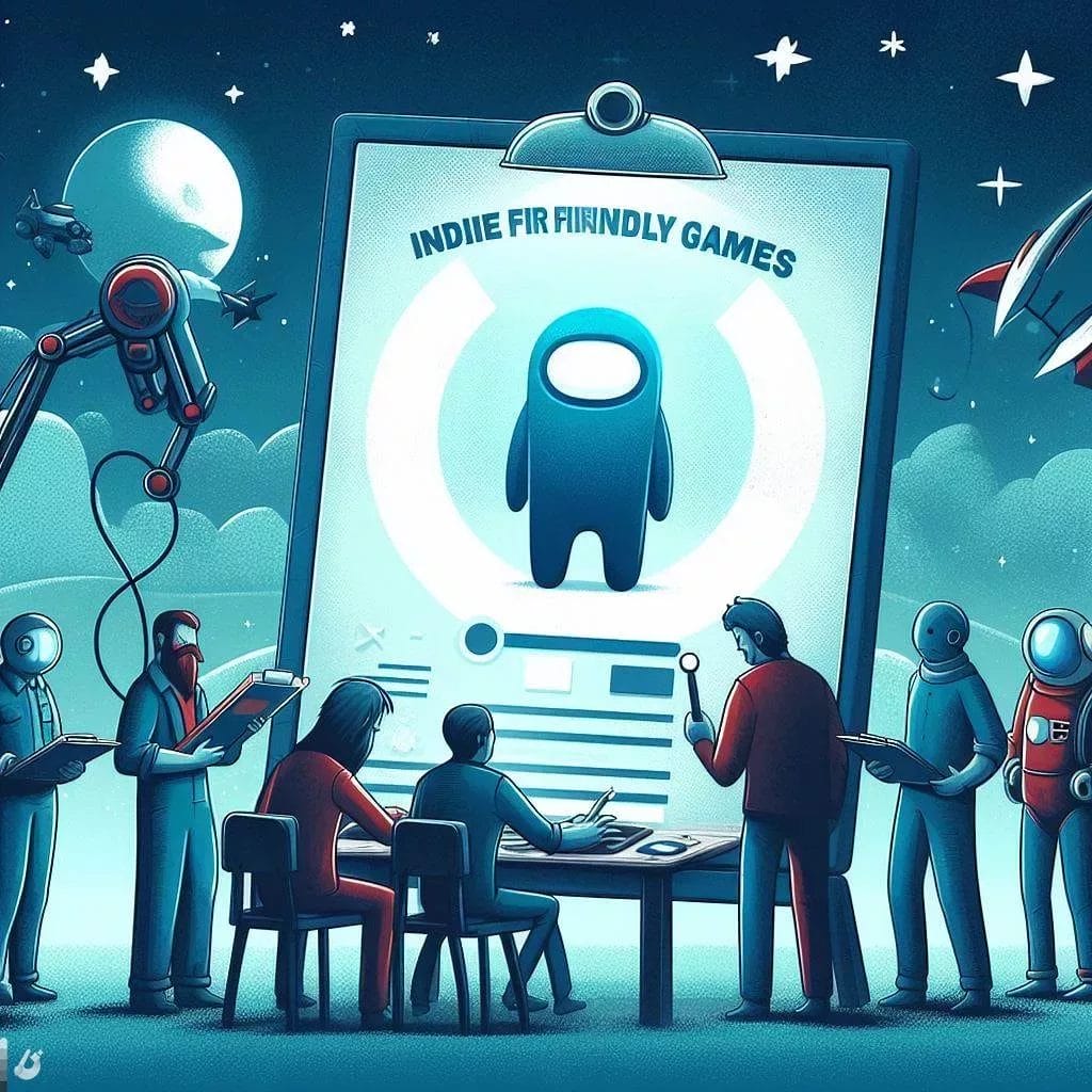 An illustration of a group of people looking at an indie games poster.