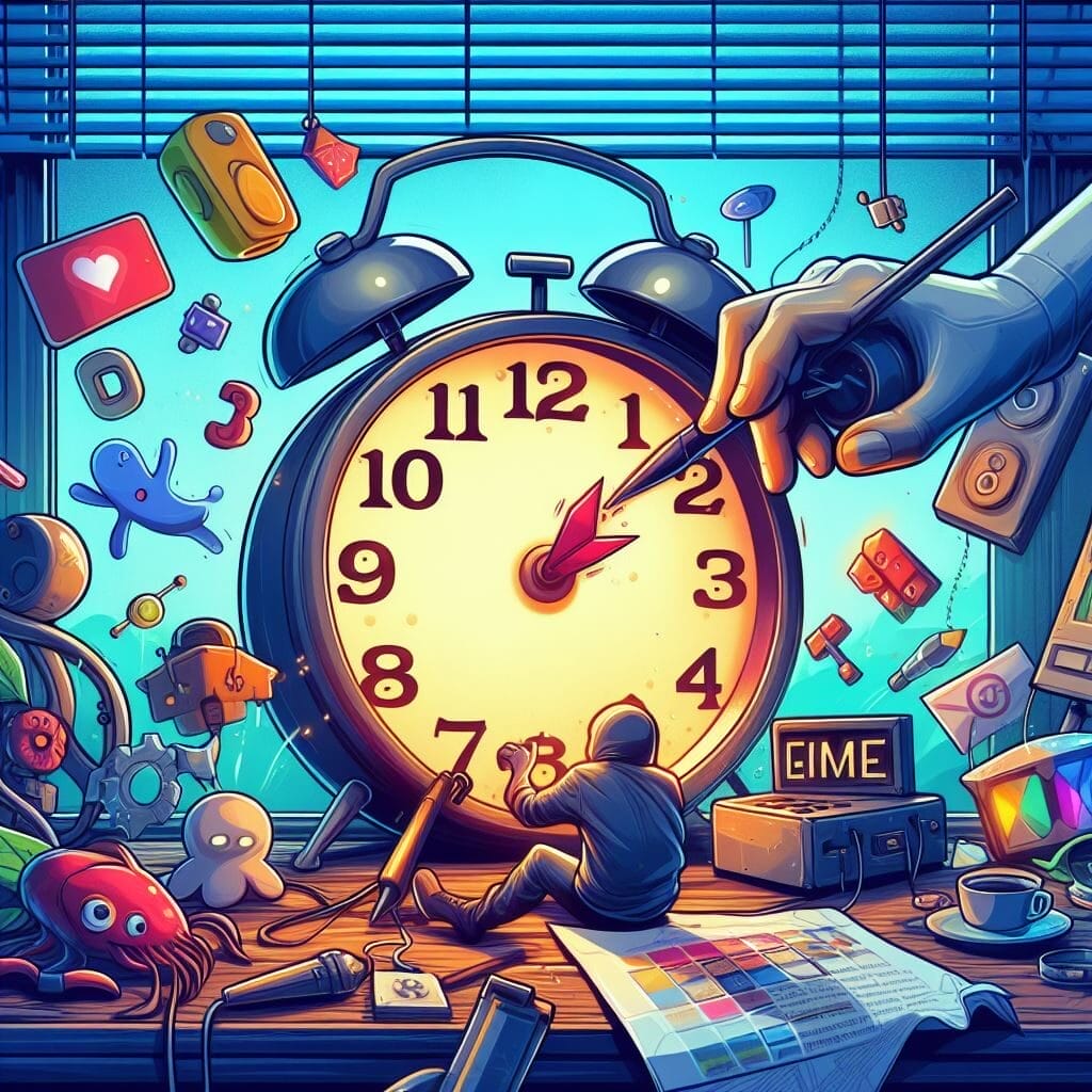 Knowing when to quit Making a Game - You’re Spending Too Much Time on a Single Feature-  A cartoon of a clock hand, illustrating the importance of knowing when to quit.