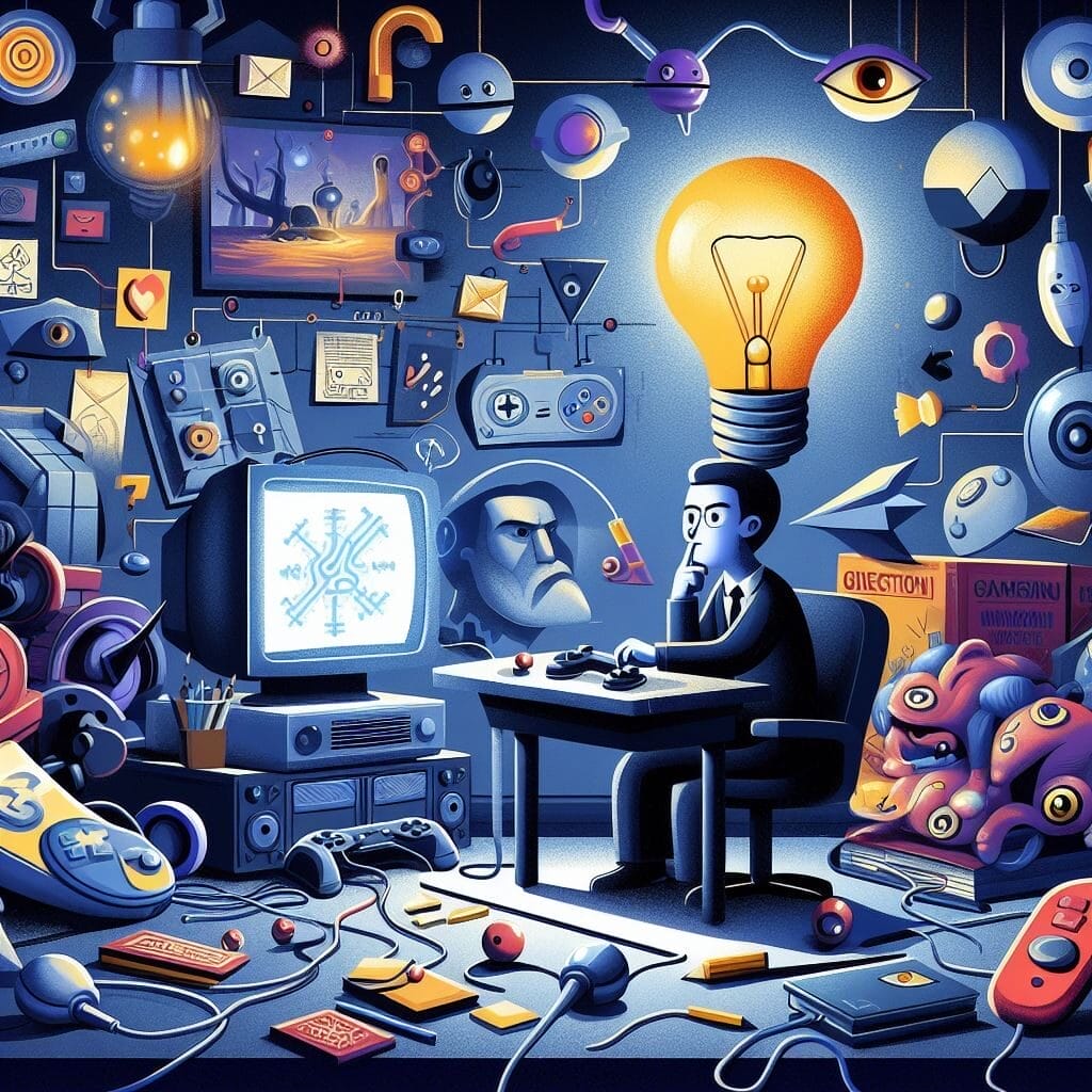 Knowing when to quit Making a Game - You’ve Lost Interest -- An illustration of a man sitting at a desk with a light bulb, possibly considering when to quit making a game.