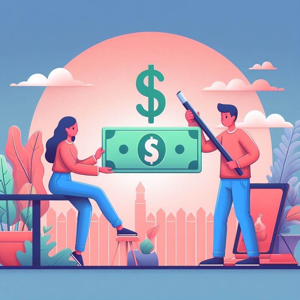 Knowing when to quit Making a Game - You’ve Reached the End of Your Budget- --A man and woman holding a large dollar bill, showing their success in making a game.