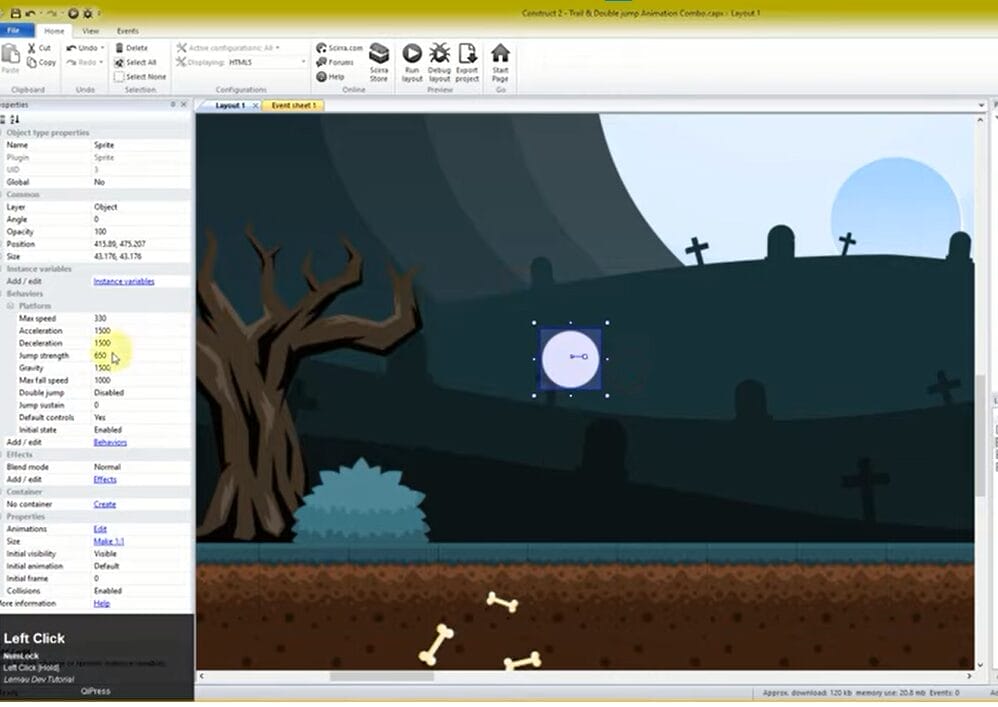 Bounce and Trail Effect Jump Shaker Effect Construct 2 Tutorial -- The player
