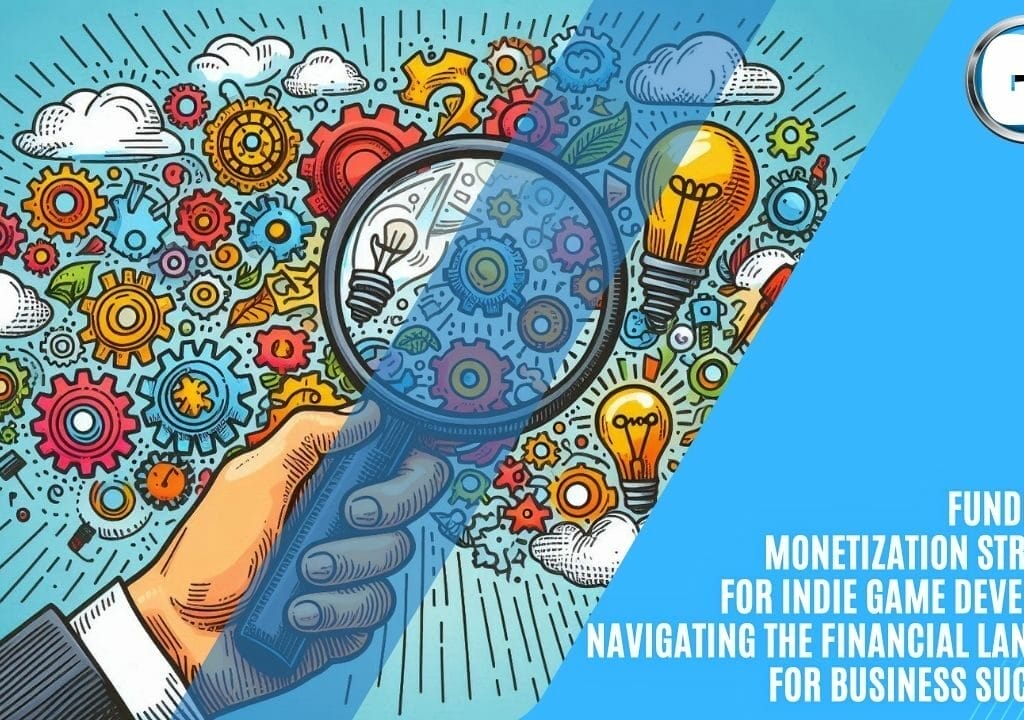 Illustrated collage of colorful gears, light bulbs, and target icons. A hand holds a magnifying glass. The text reads: "Funding and Monetization Strategies for Indie Game Developers.