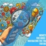 Illustrated collage of colorful gears, light bulbs, and target icons. A hand holds a magnifying glass. The text reads: "Funding and Monetization Strategies for Indie Game Developers.