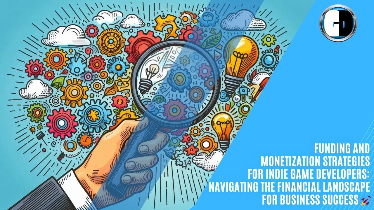 Illustrated collage of colorful gears, light bulbs, and target icons. A hand holds a magnifying glass. The text reads: "Funding and Monetization Strategies for Indie Game Developers.