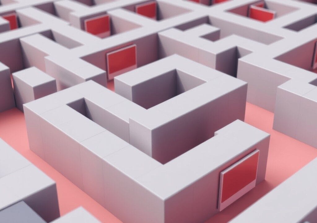 A three-dimensional maze crafted with the Godot Engine boasts a pink floor and gray walls, accented by red rectangles on select surfaces.