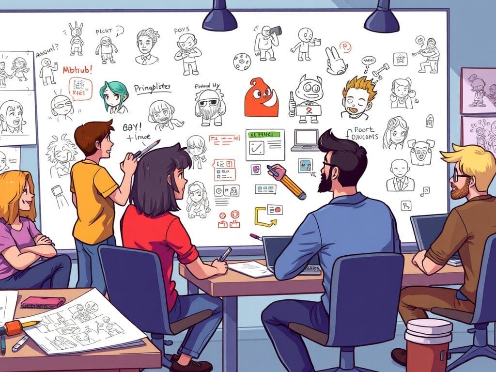 A team collaborates at a table, laptops open as they discuss a comprehensive guide to game development, analyzing sketches on a whiteboard filled with drawings, icons, and notes.