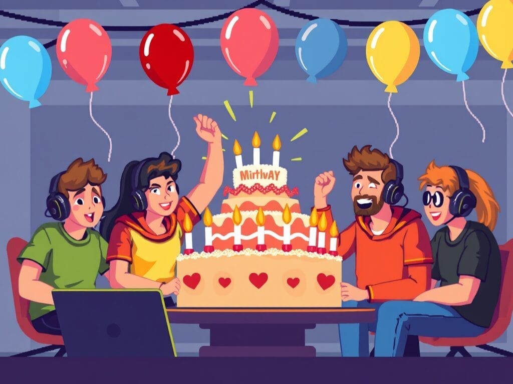 Four people with headsets celebrate at a table, marking the success of their comprehensive guide to game development. A decorated cake with lit candles takes center stage, surrounded by colorful balloons, as they revel in the moment.