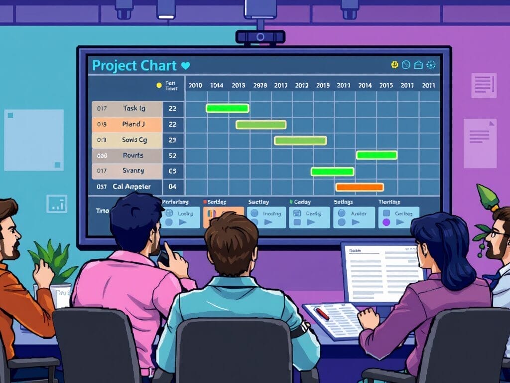 Five people in a meeting room engage in a lively discussion about a projected chart on a large screen, showing a project timeline from 2010 to 2011. A clock and various office items serve as reminders of past challenges and how they guide their comprehensive approach to game development.
