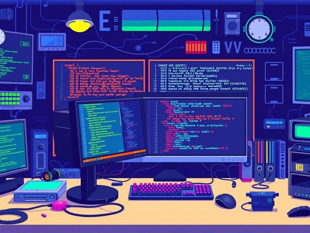 A colorful computer workspace with multiple monitors displaying code offers a glimpse into game development. Various gadgets and office supplies surround the desk, set against a background of digital and analog interfaces, creating a comprehensive guide to productivity and creativity.