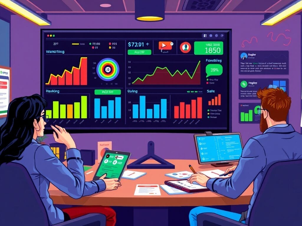 Two people in an office meticulously analyze multiple data visualizations on large monitors, surrounded by charts and graphs, as if following a comprehensive guide to mastering complex information.