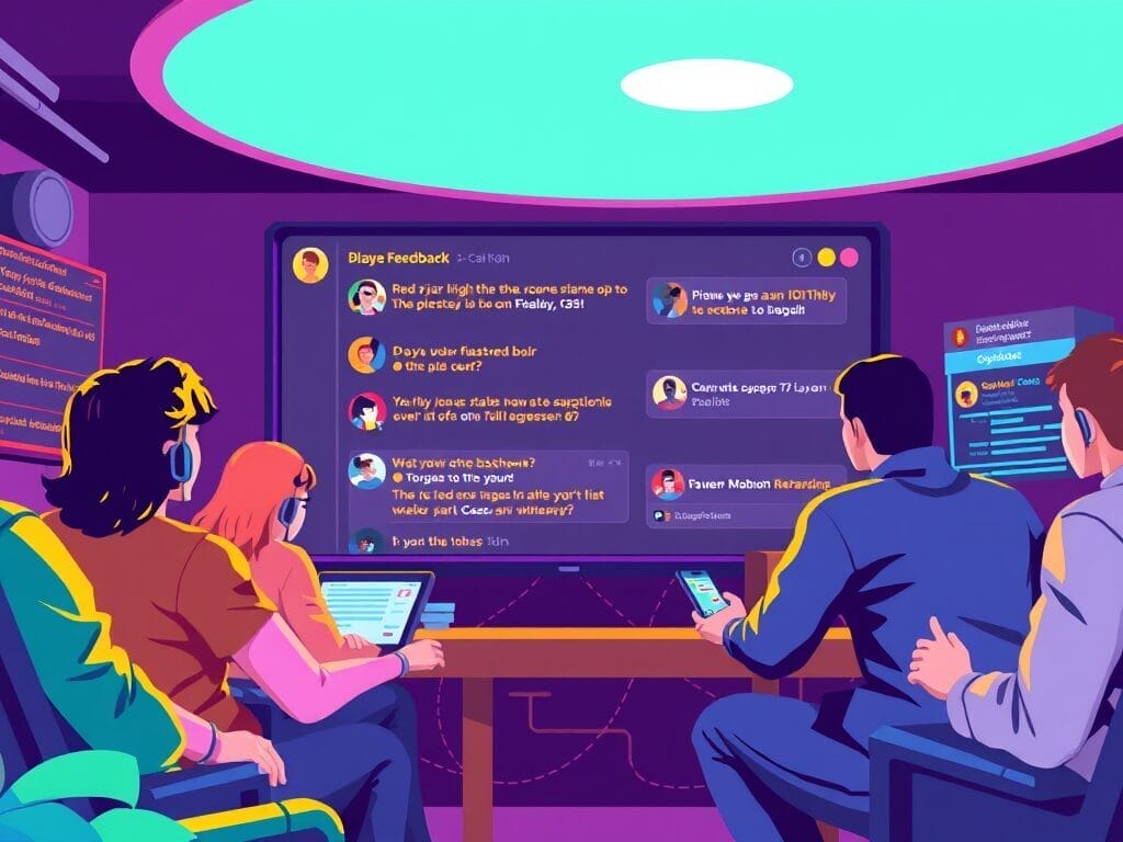 People sit in a room with a large screen displaying chat messages. Neon lighting creates a futuristic atmosphere, akin to stepping into the realm of game development.
