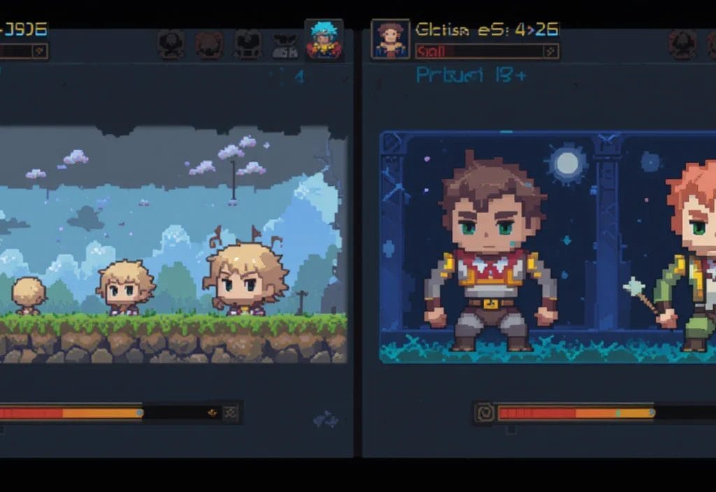 The Key to Creating Truly Great Games -- Pixel art game screen from Great Games featuring two sections: left with small characters and a cloudy landscape, right with larger characters in a dark setting. In-game text and health bars are visible, capturing the essence of creating games where you learn to fail faster.