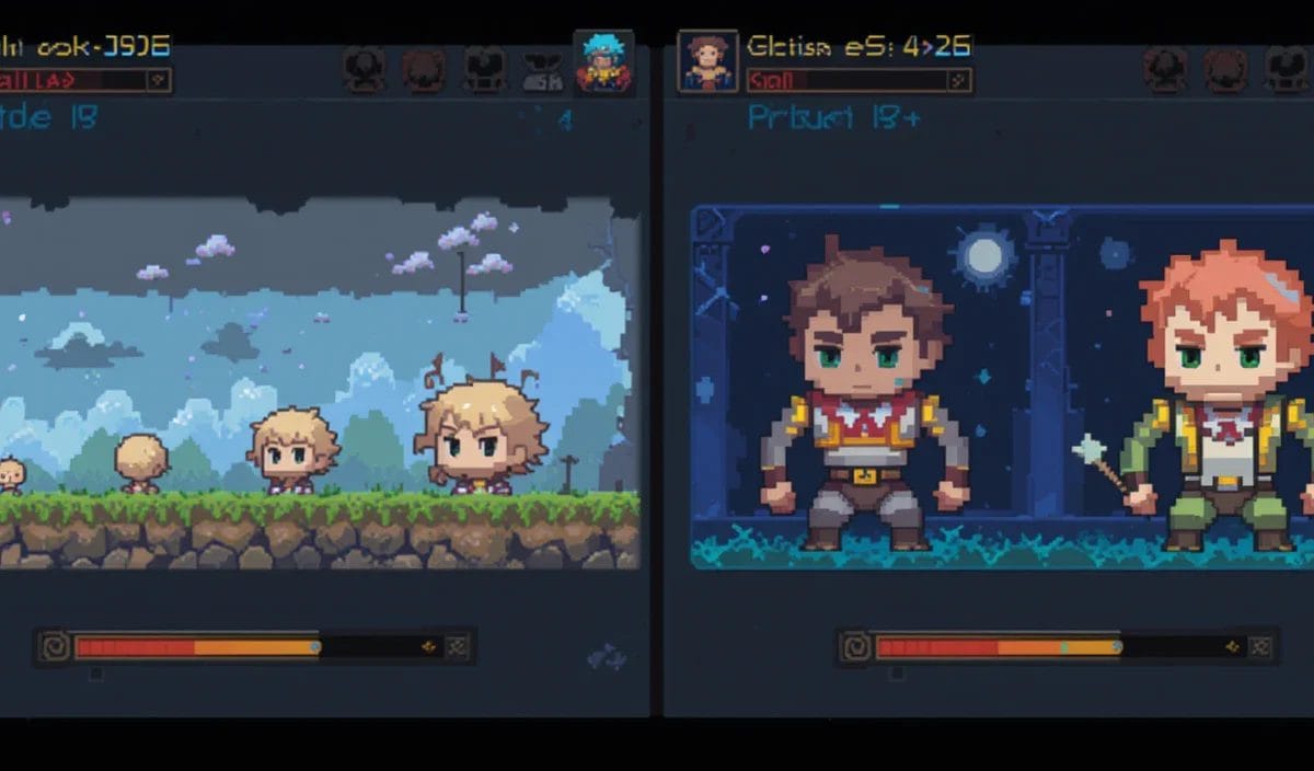 Pixel art game screen from Great Games featuring two sections: left with small characters and a cloudy landscape, right with larger characters in a dark setting. In-game text and health bars are visible, capturing the essence of creating games where you learn to fail faster.