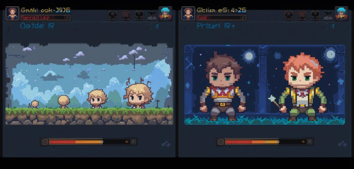 Pixel art game screen from Great Games featuring two sections: left with small characters and a cloudy landscape, right with larger characters in a dark setting. In-game text and health bars are visible, capturing the essence of creating games where you learn to fail faster.